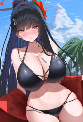 Rule 34 | 1girl, alternate costume, alternate hairstyle, bare shoulders, bikini, black bikini, black hair, blue archive, blunt bangs, blush, breasts, cleavage, flower, hair flower, hair ornament, hairclip, highres, jacket, large breasts, navel, open mouth, ponytail, red eyes, red flower, red jacket, rio (blue archive), shougun (chuckni1), solo, stomach, swimsuit, whistle, whistle around neck