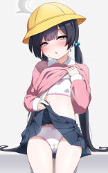 1girl absurdres black_hair black_skirt blue_archive blush bow bow_bra bow_panties bra cameltoe clothes_lift grey_eyes grey_halo hair_bobbles hair_ornament halo hat highres kisaki_(blue_archive) kisaki_(kindergarten_uniform)_(blue_archive) lifting_own_clothes long_hair long_sleeves miniskirt official_alternate_costume open_mouth orange-bird panties pee_stain pink_shirt pleated_skirt puffy_long_sleeves puffy_sleeves school_hat shirt shirt_lift sitting skirt sleeves_past_wrists solo stained_panties twintails underwear very_long_hair white_bra white_panties yellow_hat
