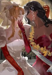 Rule 34 | 2girls, absurdres, black hair, blonde hair, centurion (reverse:1999), centurion (the universal star) (reverse:1999), commentary request, danzhi lingjia, dark-skinned female, dark skin, dress, elbow gloves, face-to-face, gloves, hand on another&#039;s chin, highres, holding, holding jewelry, jewelry, looking at another, melania (a peaceful night) (reverse:1999), melania (reverse:1999), multiple girls, official alternate costume, red dress, reverse:1999, sash, smile, white dress, white sash, yuri