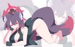 Rule 34 | 1girl, absurdres, all fours, alternate costume, alternate hair length, alternate hairstyle, amebrew, animal ear fluff, animal ears, bare legs, bare shoulders, barefoot, black hair, blue archive, blush, breasts, china dress, chinese clothes, cleavage, colored inner hair, dress, fox ears, fox girl, fox tail, gloves, green dress, green gloves, grin, hair between eyes, hand on own face, highres, large breasts, looking at viewer, medium hair, multicolored hair, red hair, sidelocks, smile, solo, tail, top-down bottom-up, wakamo (blue archive), zoom layer