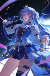 1girl arm_belt artist_name belt blue_belt blue_eyes blue_hair blue_shirt blue_skirt breasts commentary cowboy_shot crown earrings glint gloves hair_between_eyes hair_ornament hair_ribbon half_gloves highres holding holding_microphone hololive hoshimachi_suisei hoshimachi_suisei_(stellar_into_the_galaxy) jewelry juliet_sleeves long_hair long_sleeves medium_breasts microphone mini_crown music o-ring o-ring_thigh_strap official_alternate_costume open_mouth pinstripe_pattern pinstripe_shirt puffy_sleeves quilted_clothes ribbon shirt singing single_half_glove skirt solo standing star_(symbol) star_earrings star_hair_ornament thigh_strap very_long_hair virtual_youtuber xiisalt