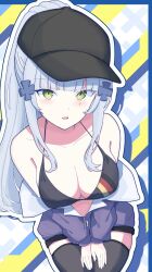 1girl absurdres baseball_cap black_bra black_hat black_thighhighs bra breasts clover_hair_ornament collarbone german_flag girls&#039;_frontline girls&#039;_frontline_2:_exilium green_eyes grey_hair hair_ornament hands_on_thighs hat highres hk416_(girls&#039;_frontline) jacket klukai_(girls&#039;_frontline_2) large_breasts long_hair looking_at_viewer off_shoulder open_mouth outline ponytail purple_jacket solo teardrop_facial_mark thighhighs uchikata_takeaki underwear white_outline