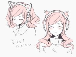 Rule 34 | 1girl, animal ear headphones, animal ears, cat ear headphones, closed eyes, commentary request, fake animal ears, hair ornament, hairclip, headphones, long hair, maco22, monochrome, multiple views, negoto neko (maco22), original, pink hair, pink theme, smile, sweater, translation request