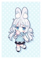 1girl :&lt; animal_ear_fluff animal_ears black_shoes black_skirt blue_bow blue_bowtie blue_eyes blue_hair blue_sweater_vest blunt_bangs blush_stickers border bow bowtie candy chibi chibi_only closed_mouth drop_shadow food full_body hair_ornament hairclip highres holding holding_candy holding_food holding_lollipop lollipop long_hair loose_socks nakkar original plaid_bow pleated_skirt polka_dot polka_dot_background rabbit_ears school_uniform shirt shoes sidelocks skirt socks solo standing sweater_vest swirl_lollipop white_border white_shirt white_socks