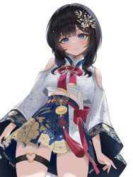 1girl absurdres black_hair blue_eyes blue_skirt breasts closed_mouth clothing_cutout commentary_request cowboy_shot floral_print floral_print_skirt hair_ornament heart high-waist_skirt highres iruka_(furyun0220) jeogori_(clothes) korean_clothes korean_commentary long_hair long_sleeves looking_at_viewer medium_breasts pleated_skirt print_skirt sarashi shirayuki_hina shirt shoulder_cutout simple_background skirt smile solo stellive thigh_strap underboob virtual_youtuber white_background white_shirt wide_sleeves
