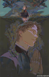 1boy 1girl absurdres aircraft airplane artillery black_dress black_hairband black_shirt black_socks blonde_hair bomb brown_eyes child chinese_commentary closed_mouth cloud dress explosive freckles giant giant_male hairband highres light_blush long_sleeves looking_at_viewer mgong520 mountain nazi original own_hands_together praying profile shirt short_hair sky sleeves_past_wrists smoke smoke_trail socks standing standing_on_another&#039;s_head uniform upper_body watermark weibo_watermark yellow_eyes