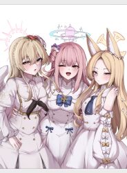 Rule 34 | 3girls, absurdres, animal ear fluff, animal ears, ascot, bare shoulders, black neckerchief, blonde hair, blue archive, blue ascot, blue bow, blue halo, blush, bow, braid, capelet, chanwoo, closed mouth, crown braid, detached sleeves, dress, feathered wings, flower, forehead, fox ears, fox girl, hair between eyes, hair bun, hair flower, hair ornament, hair scrunchie, halo, hand on another&#039;s shoulder, hand on another&#039;s waist, highres, long hair, mika (blue archive), multiple girls, nagisa (blue archive), neckerchief, one eye closed, open mouth, pink hair, pink halo, purple flower, red flower, scrunchie, seia (blue archive), sidelocks, single side bun, sweat, tea party (blue archive), white capelet, white dress, white flower, white scrunchie, wings, yellow eyes, yellow halo