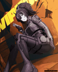 1girl ahoge artist_name ass breasts checkered_necktie commentary crack cracked_wall cropped_jacket crossed_bangs double-parted_bangs dutch_angle english_commentary gloves greyscale_with_colored_background gun hair_between_eyes hair_ornament hand_up high-waist_pants high_ponytail highres holding holding_gun holding_weapon holster jacket knees_up large_breasts long_sleeves looking_at_viewer multicolored_hair necktie noraesei open_clothes open_jacket orange_background pants parted_lips police police_badge police_uniform policewoman ponytail shirt short_hair shoulder_holster sitting solo streaked_hair tight_clothes tight_pants weapon zenless_zone_zero zhu_yuan