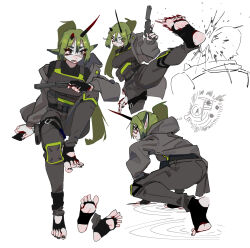 1boy 1girl axe_kick baggy_clothes black_nails black_shirt blush body_armor character_request chinese_commentary commentary_request er_ling_balu feet fighting fingerless_gloves foot_blush gameplay_mechanics gloves green_hair green_trim grey_eyes grey_jacket grey_pants gun hair_between_eyes hand_on_floor handgun hands_on_floor high_kick highres hitting hood hood_down jacket kicking knee_pads knee_up long_eyelashes long_pointy_ears looking_back magazine_(weapon) map military_uniform multiple_views nail_polish nose_blush on_one_knee original pale_skin palms pants pointy_ears ponytail serious sharp_teeth shirt single_glove soldier soles solo_focus sonar speech_bubble stirrup_legwear straight_hair suppressor teeth thought_bubble tiptoes toeless_legwear toenail_polish toenails toes weapon white_background wiggling_toes