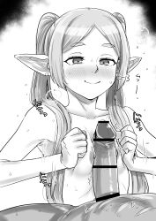 1boy 1girl absurdres earrings elf frieren highres jewelry kaiman_garupan long_hair monochrome naizuri nipples paizuri penis pointy_ears smug sousou_no_frieren squeezing sweat twintails white_background