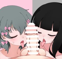 1boy 2girls bar_censor black_hair blunt_bangs blush bow censored closed_eyes collarbone completely_nude crossover flower green_hair hair_between_eyes hair_bow hair_flower hair_ornament hetero highres inabakumori iyowa_girls kurari-chan_(iyowa) kyu-kurarin_(cevio) long_hair multiple_girls multiple_hair_bows nazunobasho nude open_mouth osage_(nukunuku_nigirimeshi) penis pink_bow pink_flower pov short_hair sidelocks split_theme sweat testicles tongue tongue_out variant_set veins veiny_penis