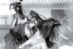 Rule 34 | 2boys, absurdres, architecture, bishounen, blurry, blurry background, blush, chinese clothes, closed eyes, collarbone, depth of field, east asian architecture, floating hair, greyscale, hair ornament, hair ribbon, hanfu, headband, high ponytail, highres, hug, knee up, lan wangji, long hair, long sleeves, looking to the side, male focus, mg ms dayo, modao zushi, monochrome, multiple boys, official art, open mouth, outstretched arm, outstretched hand, ponytail, profile, reaching, ribbon, robe, sidelocks, standing, tassel, tassel hair ornament, third-party source, topknot, upper body, very long hair, wei wuxian, wide sleeves, xiao guan (headdress), yaoi