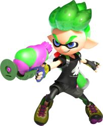 Rule 34 | 1boy, 3d, bike shorts, black shirt, blue eyes, cuttlefrsh (splatoon), dynamic pose, eye mask, fingerless gloves, full body, gloves, gradient hair, green hair, grin, highres, holding, holding weapon, ink tank (splatoon), inkling, inkling boy, inkling player character, long pointy ears, looking ahead, multicolored hair, nintendo, official art, pointy ears, shirt, shoelaces, shoes, short sleeves, smile, sneakers, solo, splatoon (series), splatoon 2, splattershot (splatoon), spotted hair, t-shirt, tentacle hair, thick eyebrows, transparent background, two-tone hair, v-shaped eyebrows, weapon, yellow shoes