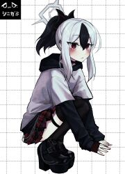 1girl :/ absurdres black_boots black_choker black_hair black_hoodie black_horns blue_archive blush boots chain choker demon_horns earclip grey_hair grey_halo grey_shirt halo highres hood hoodie horns kayoko_(blue_archive) layered_sleeves long_sleeves multicolored_hair plaid_clothes plaid_skirt platform_boots red_eyes red_skirt shironism shirt short_over_long_sleeves short_sleeves sidelocks skirt solo squatting thigh_strap two-tone_hair