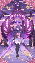 2girls :| abstract_background absurdres animal artist_name black_thighhighs blunt_bangs bridal_gauntlets cherry_blossoms closed_eyes closed_mouth cloud commentary crack electricity electro_symbol_(genshin_impact) english_commentary enise falling_petals flower_symbol full_body genshin_impact glowing glowing_sword glowing_weapon gradient_hair hair_ornament highres holding holding_animal holding_sword holding_weapon japanese_clothes kimono light_particles long_braid long_hair mistsplitter_reforged_(genshin_impact) mitsudomoe_(shape) mole mole_under_eye multicolored_hair multicolored_kimono multiple_girls multiple_torii neck_ribbon obi okobo petals pillar pink_hair platform_sandals purple_eyes purple_sky purple_theme raiden_shogun ribbon ripples sandals sash signature sky standing statue sunset sword thighhighs thighs tomoe_(symbol) torii twitter_username very_long_hair watermark weapon wings yae_miko yae_miko_(fox)