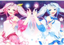 Rule 34 | 2girls, :d, armpits, blue eyes, blue hair, bow, bowtie, cherry, commentary request, detached sleeves, duplicate, floating hair, food, fruit, hakusai (tiahszld), hatsune miku, long hair, multiple girls, open mouth, photoshop (medium), pink eyes, pink hair, polar opposites, sakura miku, skirt, sky, smile, snowflakes, star (sky), starry sky, symmetry, twintails, very long hair, vocaloid, yuki miku