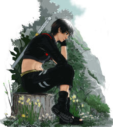 1boy abs black_boots black_hair boots daffodil daisy_(flower) flower forehead_protector forest from_side full_body gloves grass headband luke_uehara male_focus midriff naruto_(series) naruto_shippuuden nature ninja open-toe_boots outdoors sai short_hair sitting solo sword sword_on_back tree_stump weapon weapon_on_back
