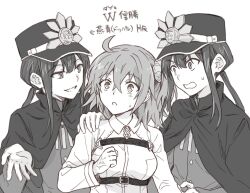 1girl 2boys :d ahoge black_cape black_hair black_hat body_markings cape center-flap_bangs chest_harness clenched_hand clone clone_harem collared_shirt constricted_pupils crest crossed_bangs family_crest fate/grand_order fate_(series) flirting fujimaru_ritsuka_(female) furrowed_brow gloves hair_between_eyes hair_ornament hair_scrunchie hand_on_another&#039;s_shoulder harness hat high_collar highres jacket kepi light_blush long_hair long_sleeves looking_at_another low_ponytail medium_hair military_hat military_uniform monochrome multiple_boys oda_nobukatsu_(fate) one_side_up open_mouth peanut_mouth ponytail scrunchie shirt sidelocks simple_background smile surprised sweatdrop t_kattu underbust upper_body v-shaped_eyebrows white_background wide-eyed
