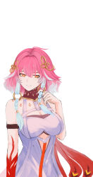 1girl absurdres bare_shoulders breasts changli_(wuthering_waves) cleavage closed_mouth dress hair_ornament highres large_breasts looking_at_viewer multicolored_hair orange_eyes pink_hair short_hair simple_background sleeveless sleeveless_dress smile solo white_background white_dress wuthering_waves yuandizhuanquan