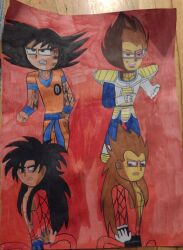 Rule 34 | 4girls, absurdres, angry, armor, bad anatomy, belt, black eyes, black hair, blue belt, blue bodysuit, blue hair, bodysuit, boots, brown hair, clenched teeth, dougi, dragon ball, dragon ball gt, dragonball z, dual persona, gloves, highres, long hair, monkey boy, monkey tail, multiple girls, muscular, non-web source, orange pants, orange shirt, pants, photo (medium), red fur, saiyan, saiyan armor, scouter, shirt, short sleeves, son goku, spiked hair, super saiyan, super saiyan 4, tail, teeth, traditional media, vegeta, white armor, white boots, white gloves, yellow eyes