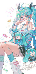 1girl absurdres ahoge animal_hood aqua_hair bandaid bandaid_on_knee bandaid_on_leg bare_shoulders blue_eyes blue_jacket blue_nails blue_shirt blue_socks blush blush_stickers bracelet braid candy character_doll commentary_request cross-laced_clothes cross-laced_jacket crossed_bandaids dated earrings feet_out_of_frame food frilled_skirt frills hair_intakes hair_ornament hair_ribbon hairpin hatsune_miku heart heart_earrings heart_print highres holding holding_stuffed_toy hood invisible_chair jacket jewelry kneehighs leg_warmers long_sleeves looking_at_viewer mie_haha miniskirt multiple_hairpins notice_lines off_shoulder open_mouth pink-framed_eyewear pink_ribbon pom_pom_(clothes) rabbit_hood ribbon shirt sidelocks signature sitting skirt socks solo spaghetti_strap star_(symbol) star_print stuffed_toy teardrop-framed_glasses twin_braids vocaloid white_leg_warmers wrapped_candy x_hair_ornament