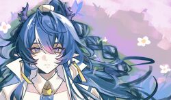 Rule 34 | 1girl, arknights, blue hair, chinese commentary, closed mouth, commentary request, detached collar, dragon girl, dragon horns, earrings, expressionless, hair between eyes, highres, horns, jewelry, ling (arknights), long hair, looking at viewer, lying, multicolored hair, on back, pink hair, pointy ears, portrait, purple eyes, shang ge promax, solo, streaked hair