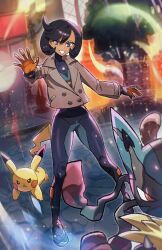 1girl absurdres black_bodysuit black_gloves black_hair bodysuit breasts coat dark-skinned_female dark_skin emma_(pokemon) gen_1_pokemon gen_4_pokemon gloves highres jacket lucario mega_lucario mega_pokemon nintendo pikachu pokemon pokemon_(creature) pokemon_legends:_z-a purple_eyes ryairyai shoes smile solo