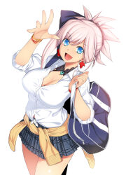 1girl asymmetrical_hair bag blue_eyes breasts cleavage clothes_around_waist collared_shirt cowboy_shot earrings fate/grand_order fate_(series) grey_skirt gyaru hand_up jacket jacket_around_waist jewelry large_breasts looking_at_viewer medium_hair miniskirt miyamoto_musashi_(fate) namonashi open_mouth pink_hair pleated_skirt school_bag school_uniform shirt shoulder_bag simple_background skirt smile solo tomoe_(symbol) white_background white_shirt wing_collar wristband