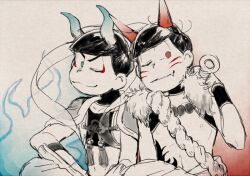 2boys antenna_hair blue_eyes blue_fire blue_horns blunt_bangs bracer capelet club_(weapon) commentary_request cowboy_shot demon_horns eyeshadow facial_mark fang fang_out fire flower_knot fur-trimmed_capelet fur_scarf fur_trim greyscale hakama hand_on_lap high_collar holding holding_club holding_weapon horns japanese_clothes kanatsuki makeup matsuno_karamatsu matsuno_osomatsu monochrome monsterification multiple_boys nipples one_eye_closed osomatsu-san osomatsu_(series) parted_lips pectorals red_eyeshadow red_horns ribs short_hair smile spot_color tassel thick_eyebrows traditional_media v-shaped_eyebrows weapon whisker_markings