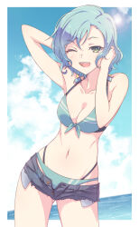 1girl bang_dream! bikini blue_sky breasts cleavage commentary_request e20 green_bikini green_eyes highres hikawa_hina looking_at_viewer midriff ocean one_eye_closed open_mouth short_shorts shorts sky smile solo summer sun swimsuit teeth