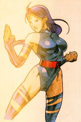 1girl angry bare_shoulders bengus bodysuit breasts bridal_gauntlets capcom clenched_hand fighting_stance game_cg halter_leotard halterneck highleg highleg_leotard highres large_breasts leotard long_hair looking_to_the_side marvel marvel_vs._capcom marvel_vs._capcom_2 non-web_source official_art psylocke purple_hair purple_leotard sidelighting sleeveless solo superhero_costume teeth thighhighs