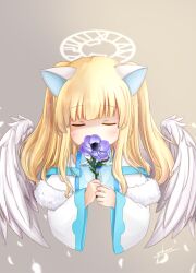 animal_ears blonde_hair cat_ears cat_girl closed_eyes dress emil_chronicle_online flower halo holding holding_flower long_hair nekomata_shiro simple_background twintails upper_body white_dress white_wings wings yukuri