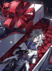 2boys albedo_(genshin_impact) black_gloves black_shorts blonde_hair blue_shirt box closed_eyes closed_mouth coat collared_shirt flower genshin_impact gift gift_box gloves hair_between_eyes highres holding holding_gift hood hood_down hooded_coat in_box in_container light_particles lying male_focus march_rly medium_hair mini_person miniboy multiple_boys on_back open_clothes open_coat parted_bangs primordial_albedo red_flower red_gloves red_rose rose shirt short_sleeves shorts sleeping two-tone_gloves vision_(genshin_impact) white_coat