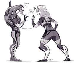 1girl arguing english_text geth joints legion_(mass_effect) lintufriikki mass_effect_(series) mechanical_arms quarian robot robot_joints tali&#039;zorah tumblr tumblr_username