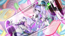 1girl :o absurdres amiya_aranha black_bow black_ribbon bottle bow breasts commentary dress english_commentary flower hair_ribbon highres holding holding_flower indie_virtual_youtuber medium_breasts mini_person minigirl nan_okitsune open_hand open_mouth pill purple_dress purple_eyes purple_hair purple_shoes red_flower red_rose ribbon rose second-party_source shoes single_leg_pantyhose single_thighhigh solo striped_clothes striped_thighhighs thighhighs two_side_up virtual_youtuber