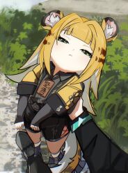 Rule 34 | 1girl, animal ear fluff, animal ears, black shorts, blonde hair, blunt bangs, closed mouth, dddcshake, green eyes, half-closed eyes, highres, jacket, ju fufu, lifting person, long hair, looking at viewer, open clothes, open jacket, orange jacket, shirt tucked in, short shorts, shorts, tail, tiger ears, tiger girl, tiger tail, zenless zone zero