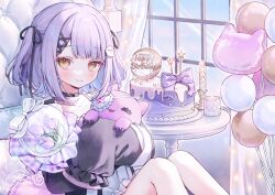 1girl animal_balloon balloon birthday_cake cake candle choker curtains cushion day eyepatch flower food frilled_sleeves frills ghost_hair_ornament hair_ornament hair_ribbon happy_birthday highres holding holding_stuffed_toy indoors jacket looking_at_viewer purple_flower purple_hair ribbon shinomiya_runa shiroromi short_hair signature sitting sleeves_past_fingers sleeves_past_wrists smile solo stuffed_animal stuffed_cat stuffed_toy tulip twitter_username two_side_up virtual_youtuber vspo! watermark window x_hair_ornament yellow_background
