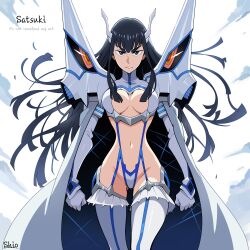 Rule 34 | 1girl, black hair, blue eyes, breasts, cape, highres, kill la kill, kiryuuin satsuki, long hair, navel, revealing clothes, shio (zsp1jqohfr12495), solo, thick eyebrows, thighhighs
