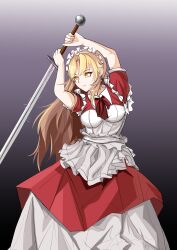 1girl absurdres apron blonde_hair bow breasts dress dxt frills hair_ornament highres holding holding_sword holding_weapon long_hair maid maid_headdress puffy_short_sleeves puffy_sleeves red_dress ribbon short_sleeves smile solo sword touhou touhou_(pc-98) weapon wings yellow_eyes yumeko_(touhou)
