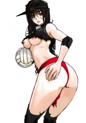 Rule 34 | 1girl, areola slip, ass, ball, banchou, bent over, black hair, breasts, delinquent, elbow pads, female focus, fundoshi, japanese clothes, kazaana, large breasts, long hair, nipple slip, nipples, original, red eyes, scar, solo, stitches, thighhighs, torn clothes, underboob, visor, visor cap, volleyball, volleyball (object)