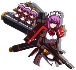 1girl alternate_costume apron bazooka_(gundam) blue_eyes character_name cosplay gundam gundam_thunderbolt highres holding holding_weapon light_frown maid maid_headdress mecha mecha_hisui melty_blood mobile_suit purple_hair robot science_fiction short_hair shoulder_spikes simple_background solo spikes tsukihime weapon white_background zaku_ii zaku_ii_(reuse_p_device) zaku_ii_(reuse_p_device)_(cosplay) zeon132