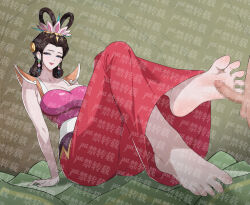 1girl absurdres barefoot black_hair blue_eyes censored chinese_clothes feet footjob hair_ornament highres long_hair mian_mian_mian_mian mosaic_censoring parted_lips soles toes