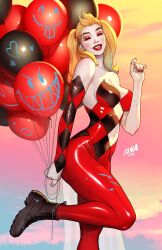 1girl alternate_costume argyle_clothes argyle_sleeves balloon bare_shoulders batman_(series) black_boots blonde_hair boots closed_eyes clothing_request colored_skin david_nakayama dc_comics detached_sleeves eyeshadow grin harley_quinn highres holding holding_balloon initial leg_up long_hair makeup pants red_eyeshadow red_lips red_pants single_detached_sleeve smile solo twintails white_skin