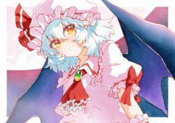 1girl ascot bat_wings blue_hair bow brooch collared_shirt frilled_shirt_collar frills hair_between_eyes hat hat_ribbon highres jewelry looking_at_viewer mob_cap pink_hat pink_shirt pointy_ears puffy_short_sleeves puffy_sleeves red_ascot red_bow red_eyes remilia_scarlet ribbon rinka_(qqqrinkappp) shirt short_hair short_sleeves smile solo touhou upper_body wings wrist_cuffs