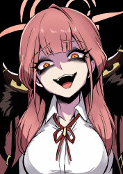 1girl absurdres aru_(blue_archive) black_background black_coat black_eyeshadow black_hair blue_archive breasts coat collared_shirt demon_horns evil_smile eyeliner eyeshadow fangs fur-trimmed_hood fur_trim furrowed_brow halo highres hood horns j.k._(style) large_breasts long_hair looking_at_viewer makeup nagainegi neck_ribbon open_clothes open_coat open_mouth pink_hair pink_halo red_ribbon ribbon shirt simple_background smile solo white_shirt yellow_eyes
