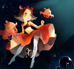 Rule 34 | 1girl, air bubble, bad id, bad twitter id, bare arms, bare shoulders, bubble, crop top, flat chest, floating hair, green eyes, inactive account, masuda (yousaytwosin), medium hair, navel, original, pantyhose, parted lips, personification, red skirt, skirt, solo, umbrella octopus, underwater, white pantyhose