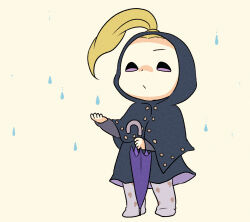 1boy absurdres black_capelet black_coat blackmore blonde_hair buttons capelet chibi closed_mouth closed_umbrella coat commentary commentary_request full_body grey_pants half-closed_eyes hand_up high_ponytail highres holding holding_umbrella hood hood_up jojo_no_kimyou_na_bouken long_sleeves m_a_a_m_8 male_focus pants ponytail purple_eyes purple_umbrella rain raincoat solo standing steel_ball_run umbrella water_drop yellow_background