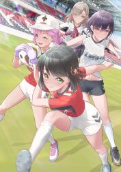 Rule 34 | 4girls, ;d, anyoji hime, ball, baseball cap, black hair, black shoes, black shorts, blunt bangs, blunt ends, bob cut, breasts, c:, ceras yanagida lilienfeld, closed mouth, commentary, commentary request, english commentary, flower, flower knot, gloves, green eyes, grey hair, hair between eyes, hair flower, hair intakes, hair ornament, hair ribbon, hat, holding, holding ball, katsuragi izumi, kneehighs, kobassy, link! like! love live!, looking at viewer, love live!, medium breasts, midriff peek, mixed-language commentary, momose ginko, multi-tied hair, multiple girls, navel, one eye closed, open mouth, outdoors, pink flower, pink hair, pink ribbon, purple gloves, red shirt, ribbon, shirt, shoes, short hair, short shorts, shorts, smile, sneakers, soccer ball, soccer uniform, socks, split mouth, sportswear, stadium, virtual youtuber, white hat, white shoes, white shorts, white socks, zweigen kanazawa