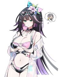 1girl abigail_(black_survival) absurdres bare_shoulders bikini black_bikini black_choker black_hair black_survival breasts choker cleavage colored_inner_hair cowboy_shot dr._nadja eternal_return:_black_survival expressionless eyewear_on_head flower hair_flower hair_ornament hashtag-only_commentary heart heart-shaped_eyewear highres jacket key large_breasts layered_bikini long_hair long_sleeves looking_at_viewer multicolored_bikini multicolored_hair navel off_shoulder official_alternate_costume open_clothes open_jacket parted_lips purple_hair see-through_clothes see-through_jacket simple_background solo speech_bubble stomach streaked_hair sunglasses swimsuit taenyaki thought_bubble two-tone_bikini two-tone_hair underboob very_long_hair white_background white_jacket