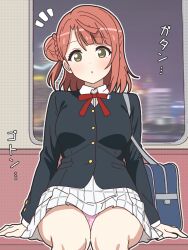 1girl black_jacket braid breasts brown_hair dot_nose feet_out_of_frame food_print fruit_print green_eyes hair_bun jacket love_live! love_live!_nijigasaki_high_school_idol_club medium_breasts mukiryoku_bato neck_ribbon notice_lines outline panties pantyshot parted_lips pink_panties plaid_clothes plaid_skirt print_panties red_ribbon ribbon school_uniform short_hair single_side_bun sitting skirt solo strawberry_panties strawberry_print surprised train_interior translation_request uehara_ayumu underwear white_outline white_skirt window yuigaoka_school_uniform
